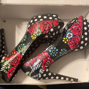 Iron Fist Black Floral Polka Dot Heels